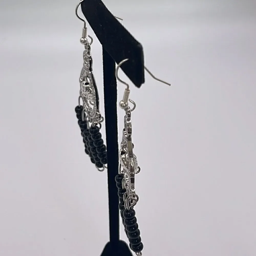 Silver-tone Homemade Dangling Chandelier Earrings with Black Beads